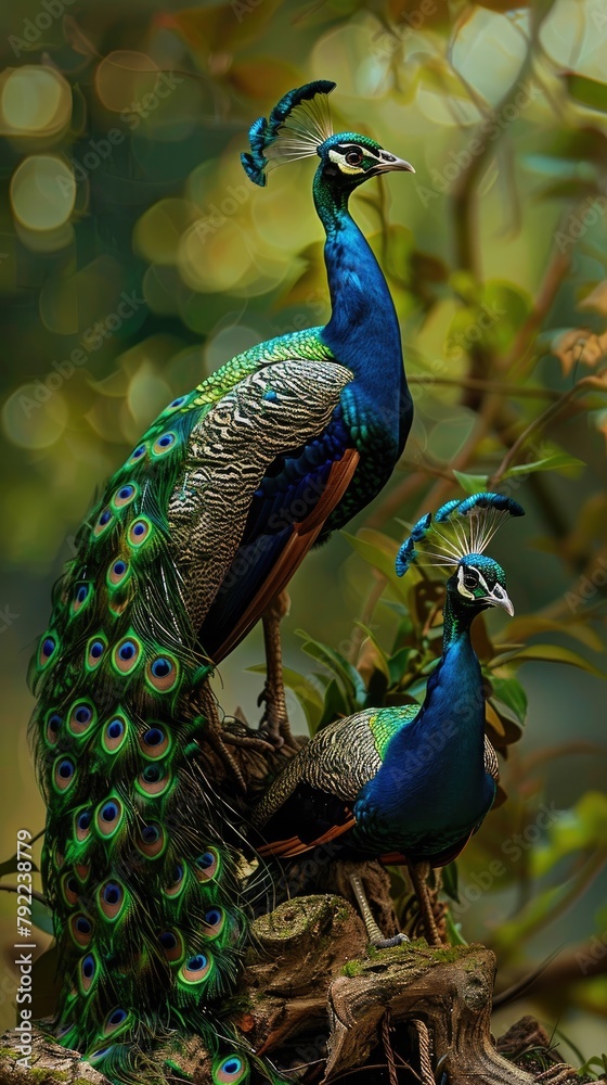 Fototapeta premium Two peacocks displaying their feathers in a courtship dance