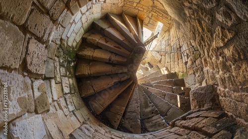 Spiral staircase in a medieval castle tower photo