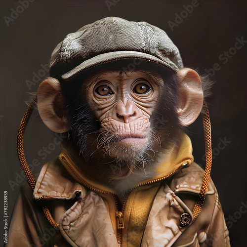 Portrait of a monkey in a hat and a jacket on the street photo