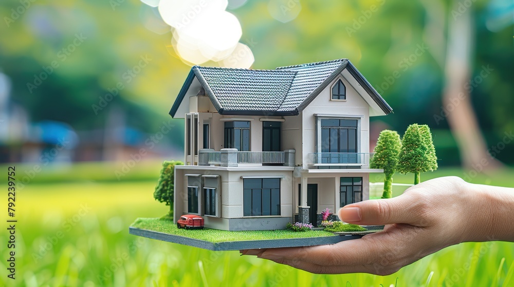 A hand is holding a small model of a house with a grey roof in the palm ...