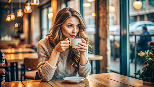 A smiling woman enjoys a cup of coffee while seated at a cafe table © Uncle-Ice