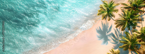 A bird eye view at the beach tropical ocean with bright water wave and sand.
