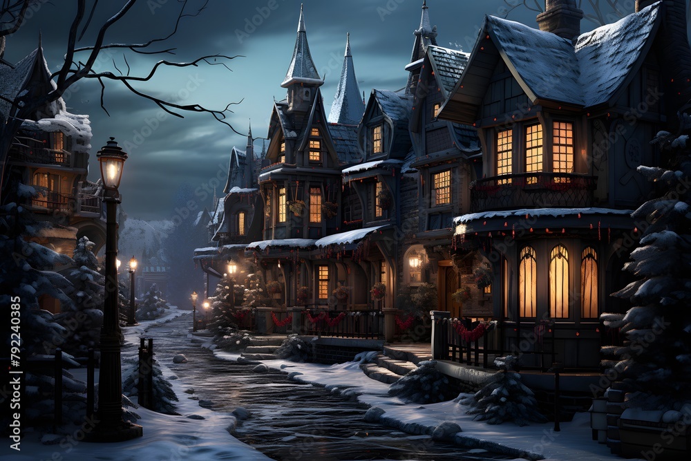 Winter village at night with wooden houses and lanterns, 3d illustration