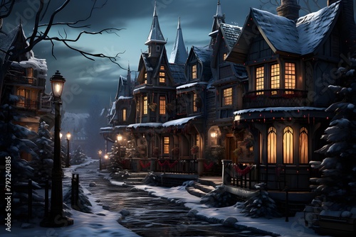 Winter village at night with wooden houses and lanterns, 3d illustration
