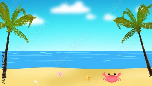 summer beach banner background with copy space, palm trees, tropical style, illustration no AI, blue sky and sand, vacation, holiday, summertime