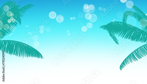 illustration of blue sky and tree leaves, palm trees, tropical theme, summer, background, copy space, banner