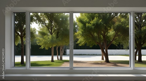 Modern residential window with trees behind .Generative AI © adan