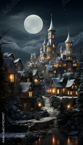 Fairytale castle in a winter night with full moon, 3d illustration