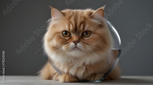 Cute persian cat inside glass bowl isolated .Generative AI © adan