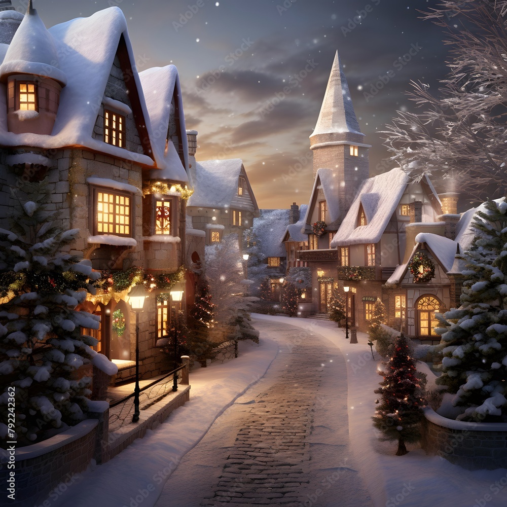 Beautiful winter cityscape at night. Christmas and New Year concept.