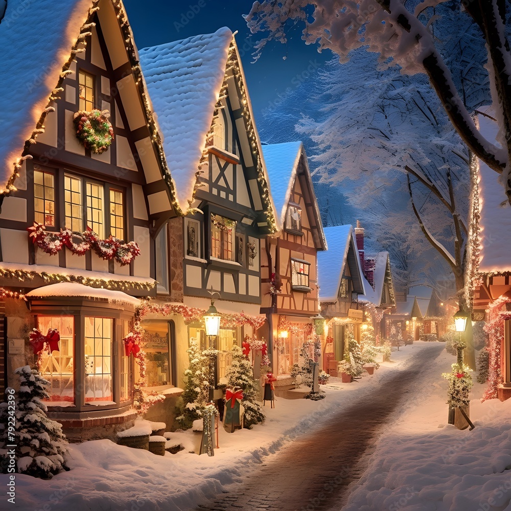 christmas in a small village at night with lights and snowfall