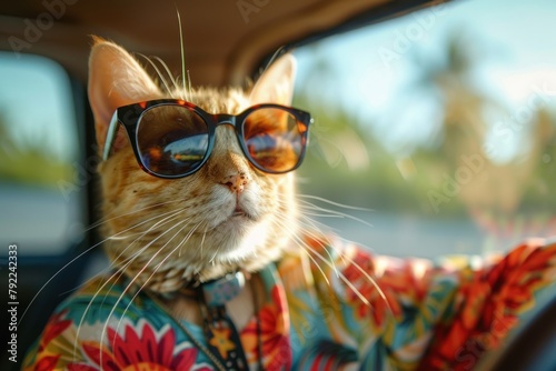 A cat wearing sunglasses and a floral shirt is sitting in a car.