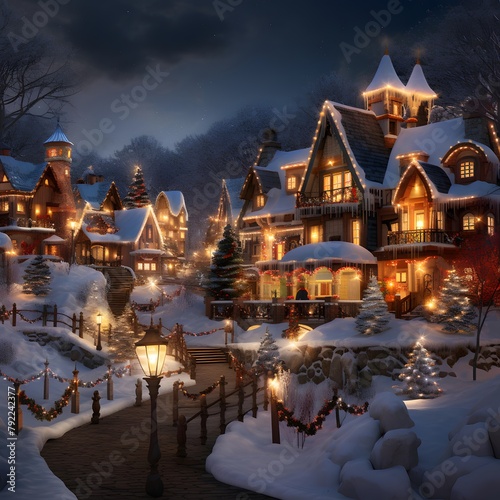 Cottage at night with lights and snow in the foreground, Christmas landscape