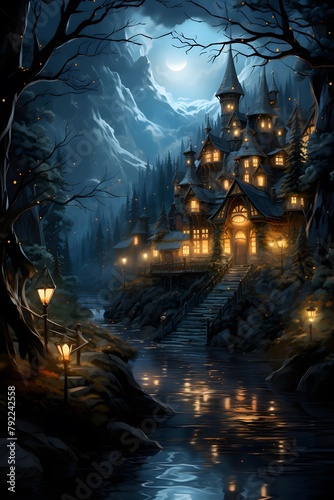 Fairytale castle in the forest at night. 3D rendering