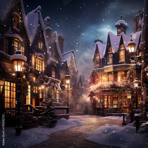 Winter night in the village. Christmas and New Year. Illustration.