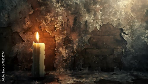 Burning candle light seeps through the cracks of an aged stone wall. The contrast between the rough wall texture and the illumination creates a mysterious and eerie atmosphere photo