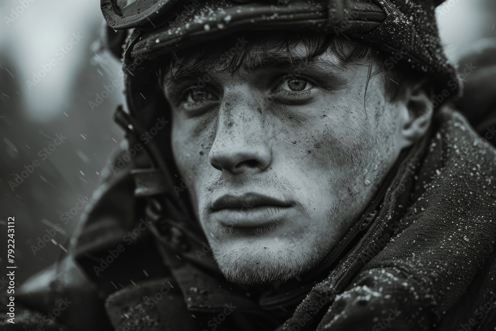 Poignant wartime portrait, sacrifice and bravery in a soldier's emotional photograph from the second great war, a powerful depiction of human toll and resilience amidst fight for liberty