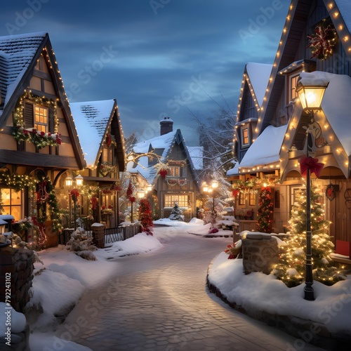 Christmas village with lights and decorations at night. Christmas holiday concept.