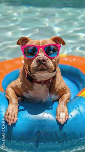 a cool pibull wearing sunglasses floating in a pool floaty