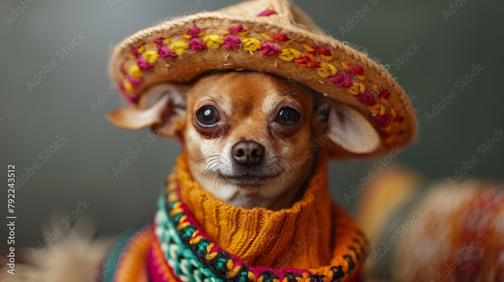 A chihuahua wearing a tiny sombrero, looking festive for Cinco de Mayo,