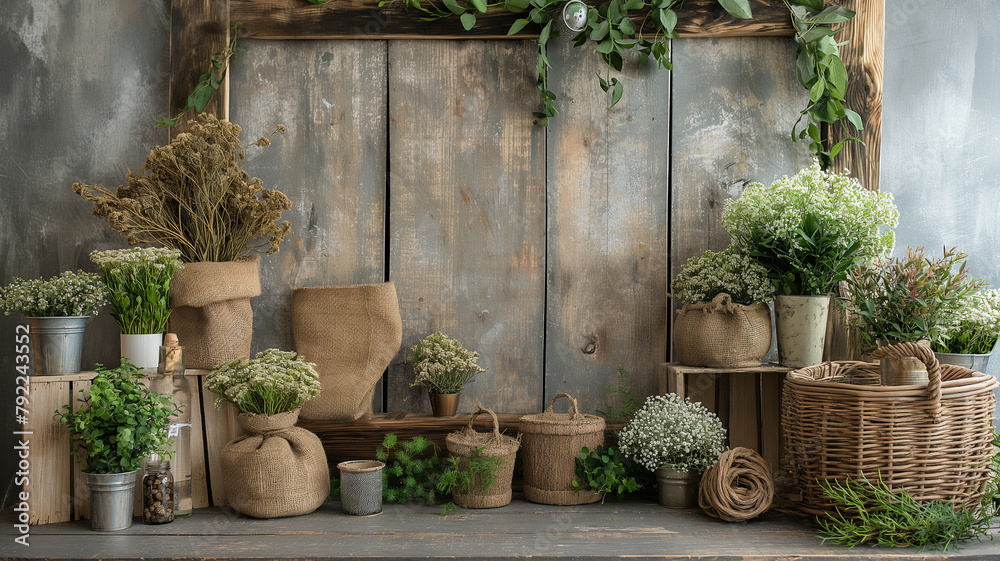 Assorted Houseplants in Stylish Pots on Wooden Shelves Textured Wall Assorted Houseplants in Stylish Pots on Wooden Shelves Textured Wall