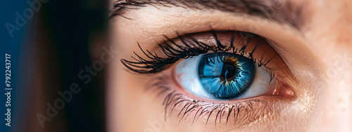 A close-up of a woman blue eye  showing the iris and eyelashes in detail
