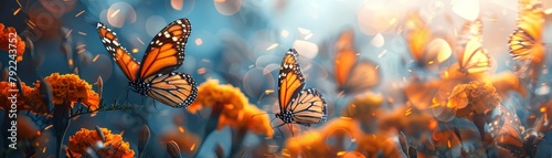 A group of butterflies fluttering around bright orange marigolds, the symbolic flower of the holiday,