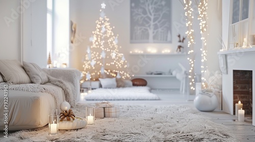A living room with a white Christmas tree, white sofa, and white fur rug. There are fairy lights on the walls and a fireplace. There are candles on the floor and presents under the tree.