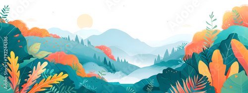 Scenic landscape featuring majestic mountains with a grassy foreground  some with wispy clouds  illustration design.