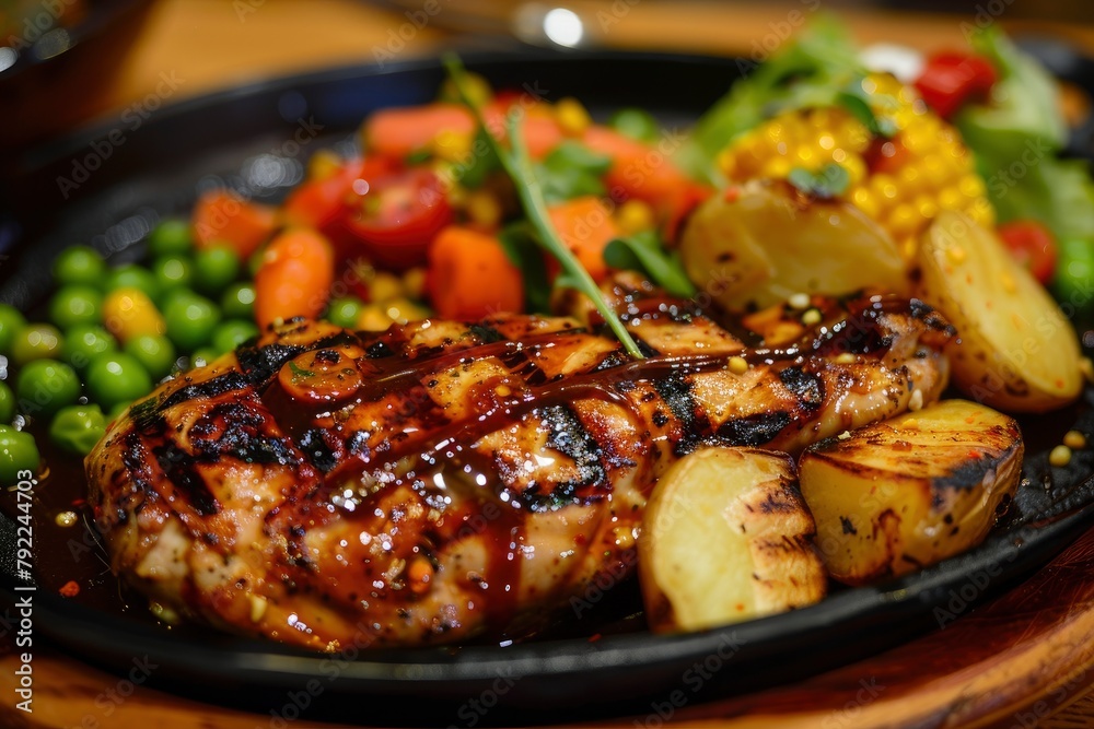 Double portion of original chicken steak menu with additional pieces of fried potatoes, peas, corn and carrots served on a hot plate is tempting - generative ai Double portion of original chicken steak menu with additional pieces of fried potatoes, peas, corn and carrots served on a hot plate is tempting - generative ai