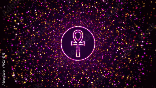 Digital Space Dark Shiny Purple Yellow Glowing Ankh, Key Of Life Ancient Egypt Symbol Inside Circle Border Frame With Glitter Sparkle Dots And Lines