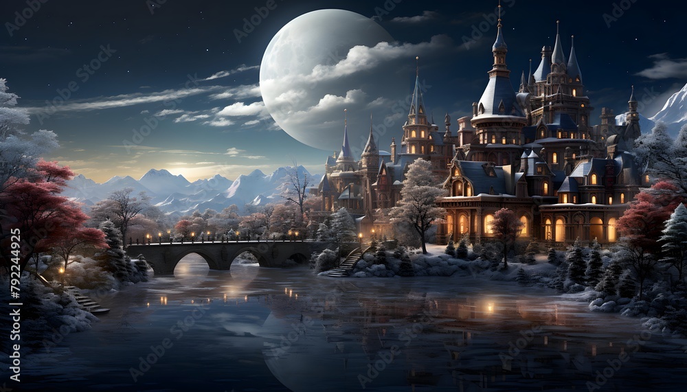 Winter landscape with castle and bridge over the river. 3d render