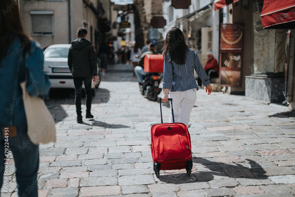 A young woman in a striped shirt pulls a red suitcase along a vibrant cobblestone street in a bustling European city.