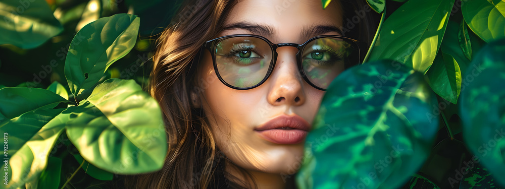 Close-up portrait of a woman wearing glasses with beautiful eyes in a green forest Close-up portrait of a woman wearing glasses with beautiful eyes in a green forest