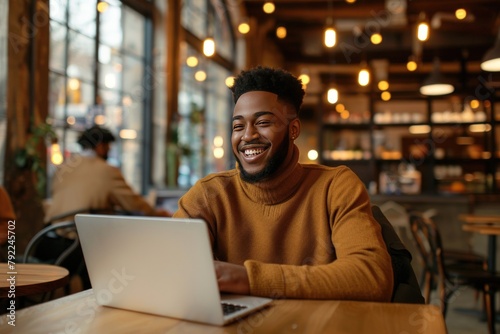 Happy African American man working on a laptop. Generate AI image