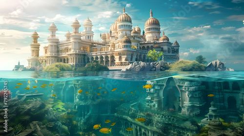 A fantasy underwater town city, in imagine illustration, Atlantis history wallpaper background.