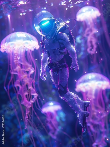 Diver in Deep Sea Surrounded with Jellyfishes © Ariestia