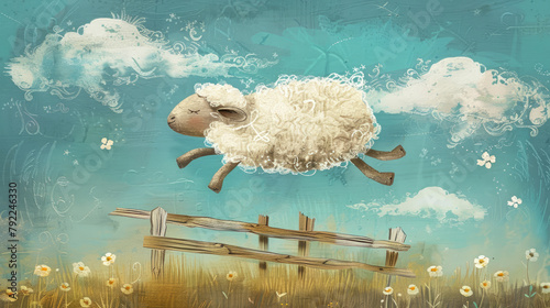 A digital painting of cute, sleepy sheep jumping over a wooden fence shaped like a bed headboard photo