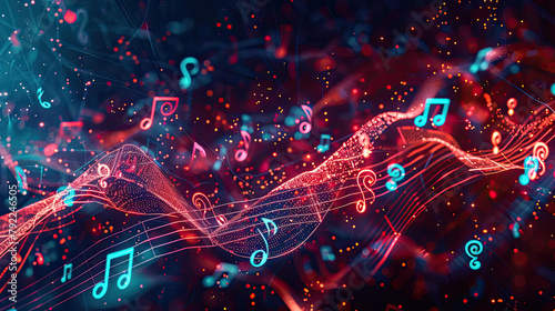 A dynamic visual of AI technology interfacing with musical notes, symbolizing the blend of artificial intelligence and musical creativity © Sattawat
