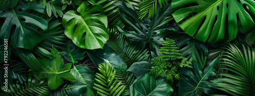 Fresh green tropical botanical plant in summer foliage texture background, wallpaper or banner.