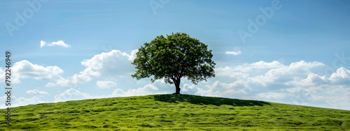 A lone tree stands in a green field, with another on a distant hill under a blue sky landscape wallpaper background in nature at countryside.