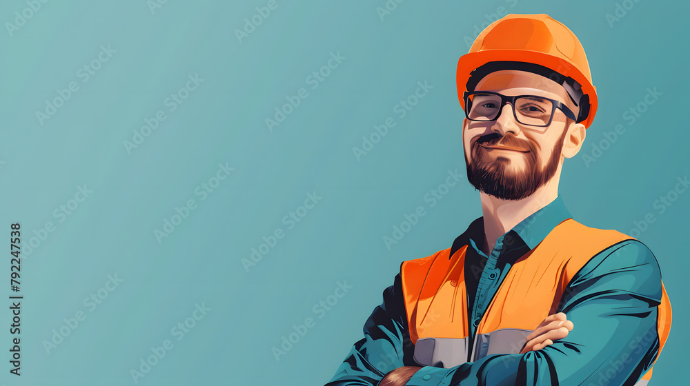 A construction worker in a hardhat smiles confidently portrait, illustration for copyspace design. A construction worker in a hardhat smiles confidently portrait, illustration for copyspace design.