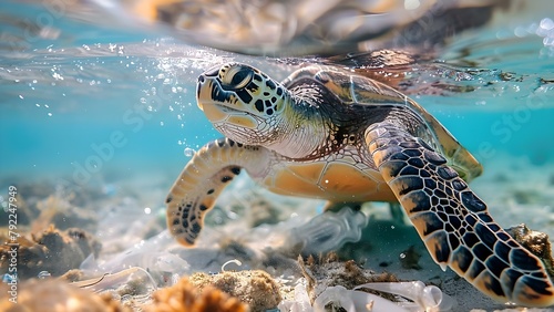 Sea turtles struggle through plastic pollution highlighting urgent environmental challenges. Concept Plastic Pollution, Sea Turtles, Environmental Challenges, Wildlife Conservation