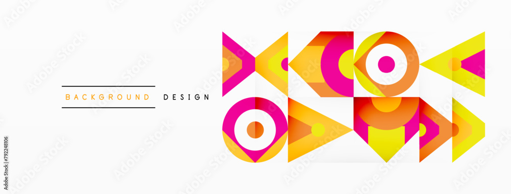 A colorful geometric design with rectangles, circles, triangles, and arrows in magenta and white. The pattern is a symmetrical artwork with graphic elements for a modern logo