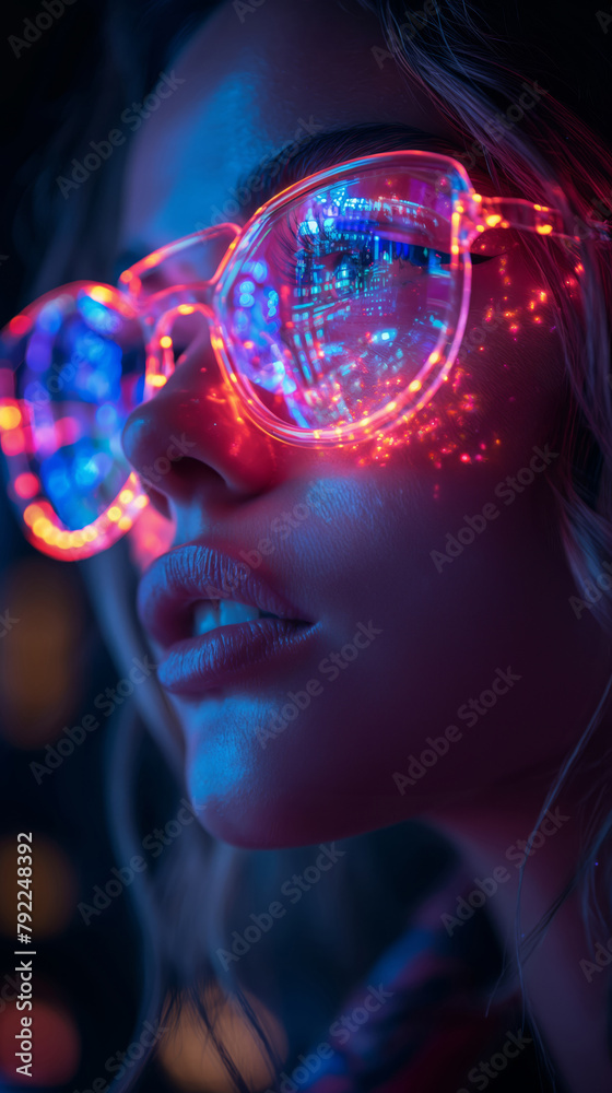 Close-Up Of A Woman's Face With Neon Cityscape Reflections Dancing Across Her Futuristic Eyewear Close-Up Of A Woman's Face With Neon Cityscape Reflections Dancing Across Her Futuristic Eyewear