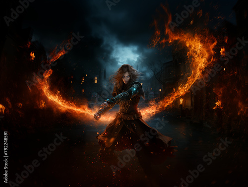 Beautiful Warrior Princess Woman Fairytale Fantasy Heroine Sword Flames Fighter Character