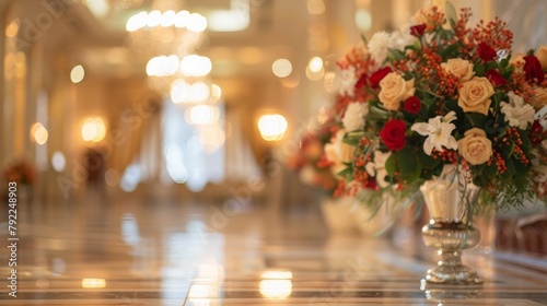 Defocused floral arrangements adorning the edges of the grand ballroom adding a touch of color to the glistening marble floors and crystal chandeliers. . photo