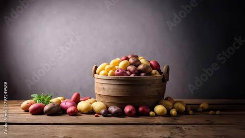 Isolated Potato wooden Basket. mixed color red, brown, yellow, black Harlem 