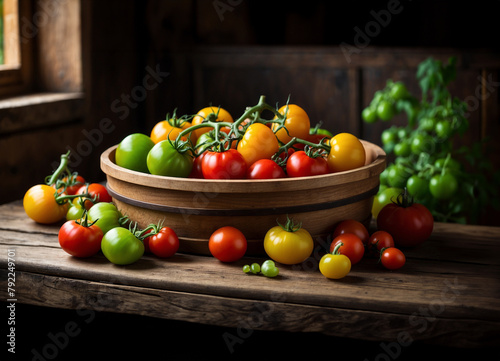 Wooden basket full with Fresh various color Tomato red, green. orange and yellow