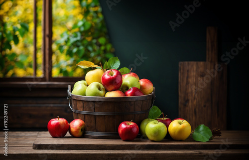 Wooden basket with full of various colorful apples like green, red, yellow and mixed, isolated with blurred background
